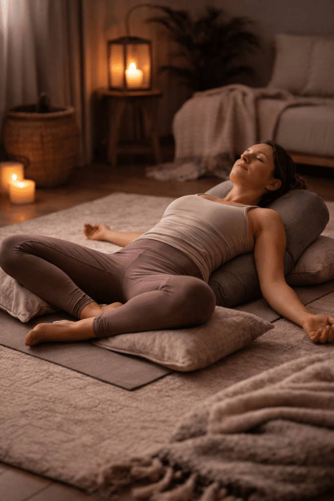 Liegender Schmetterling (Supta Baddha Konasana)

Diese Haltung öffnet sanft den Brustraum und die Hüften, ohne anstrengend zu sein. Unterstützt mit Kissen oder Bolster wird sie zu einer sehr beruhigenden Abendhaltung.